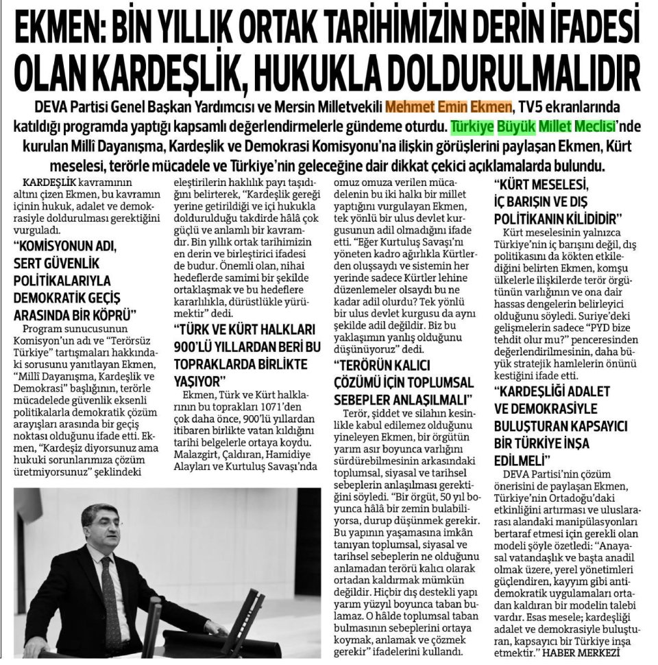 EKMEN: BİN YILLIK ORTAK TARİHİMİZİN DERİN İFADESİ OLAN KARDEŞLİK, HKUUKLA DOLDURULMALIDIR