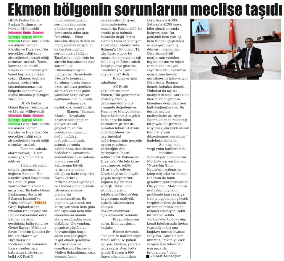 EKMEN BÖLGENİN SORUNLARINI MECLİSE TAŞIDI