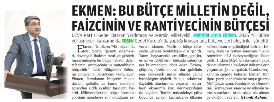 EKMEN: BU BÜTÇE MİLLETİN DEĞİL, FAİZCİNİN VE RANTİYECİNİN BÜTÇESİ