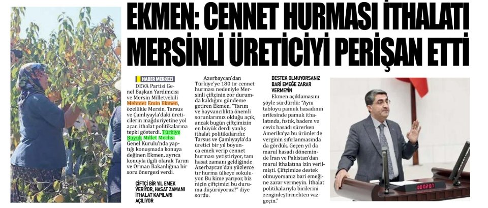 EKMEN: CENNET HURMASI İTHALATI MERSİNLİ ÜRETİCİYİ PERİŞAN ETTİ