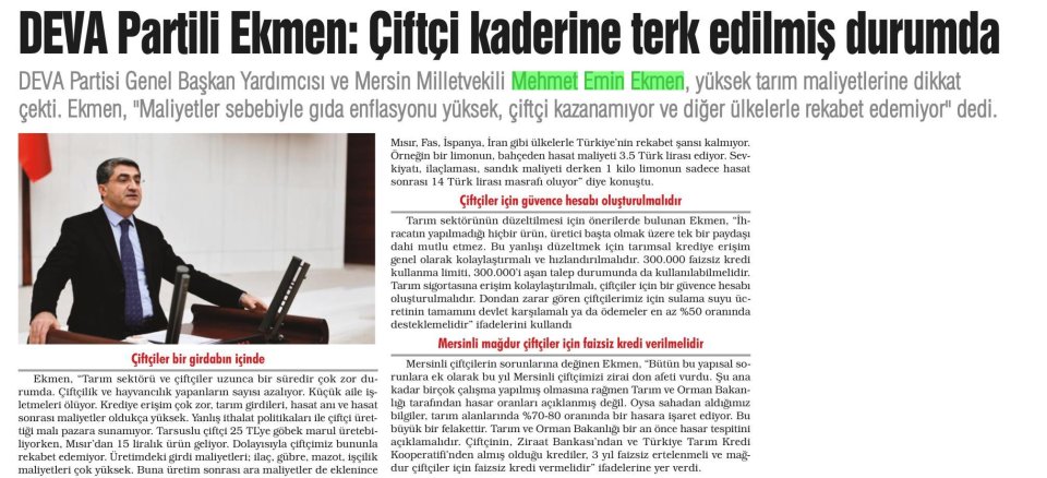  EKMEN: ÇİFTÇİ KADERİNE TERK EDİLMİŞ DURUMDA