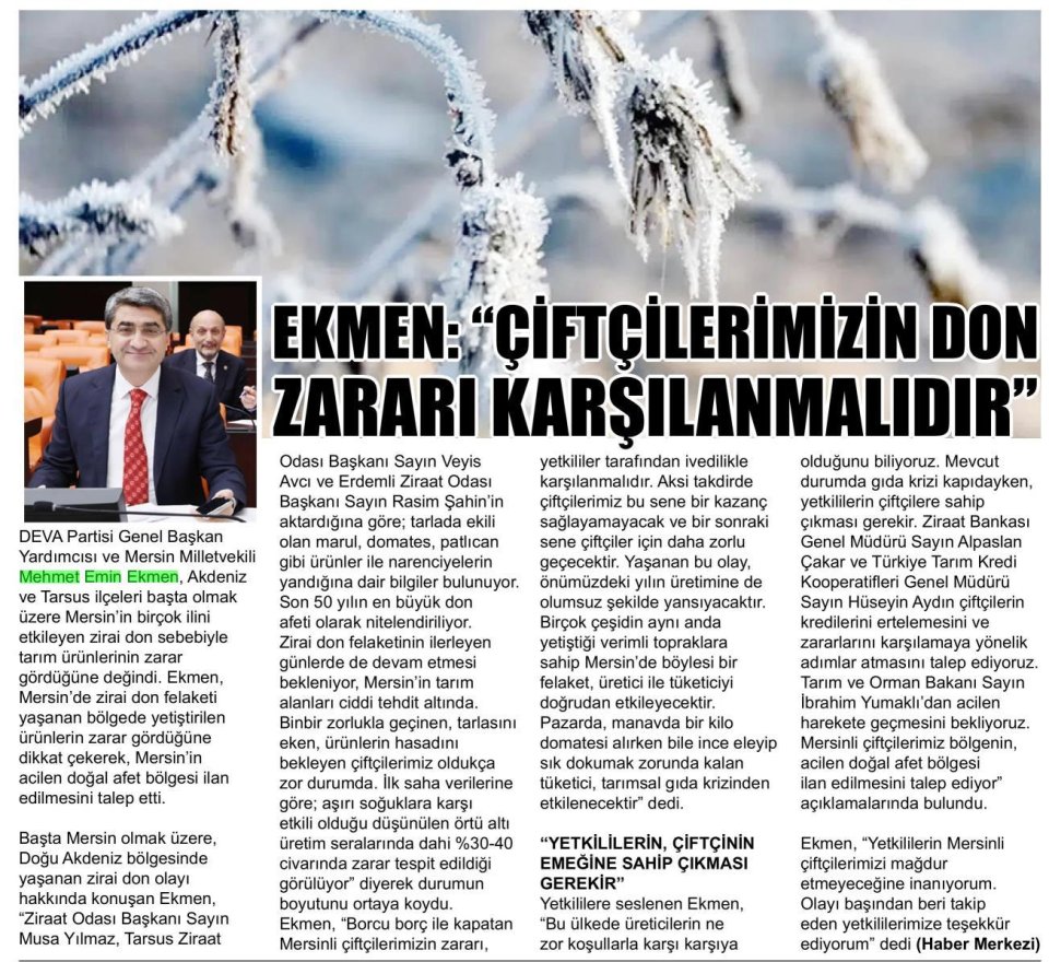 EKMEN : ''ÇİFTÇİLERİMİZİN DON ZARARI KARŞILANMALIDIR''