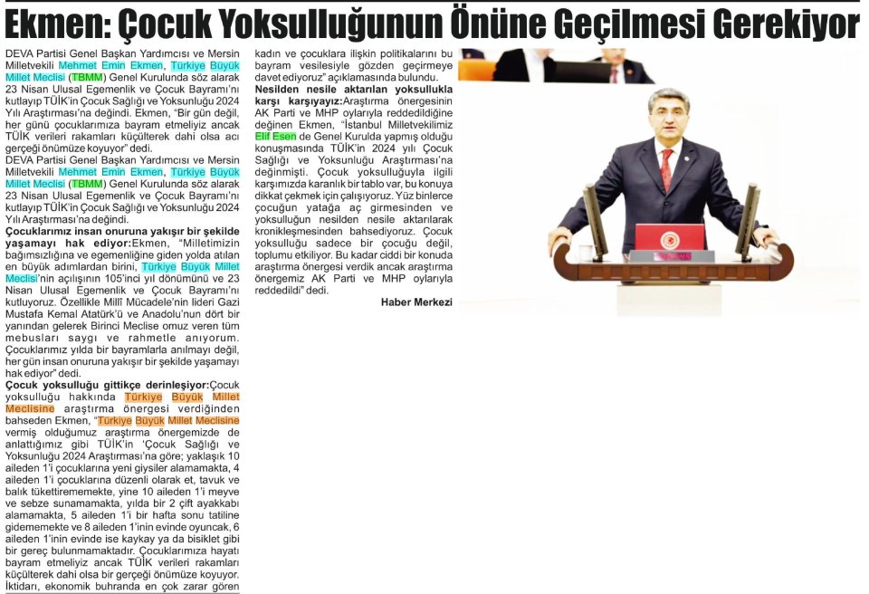 EKMEN: ÇOCUK YOKSULLUĞUNUN ÖNÜNE GEÇİLMESİ GEREKİYOR