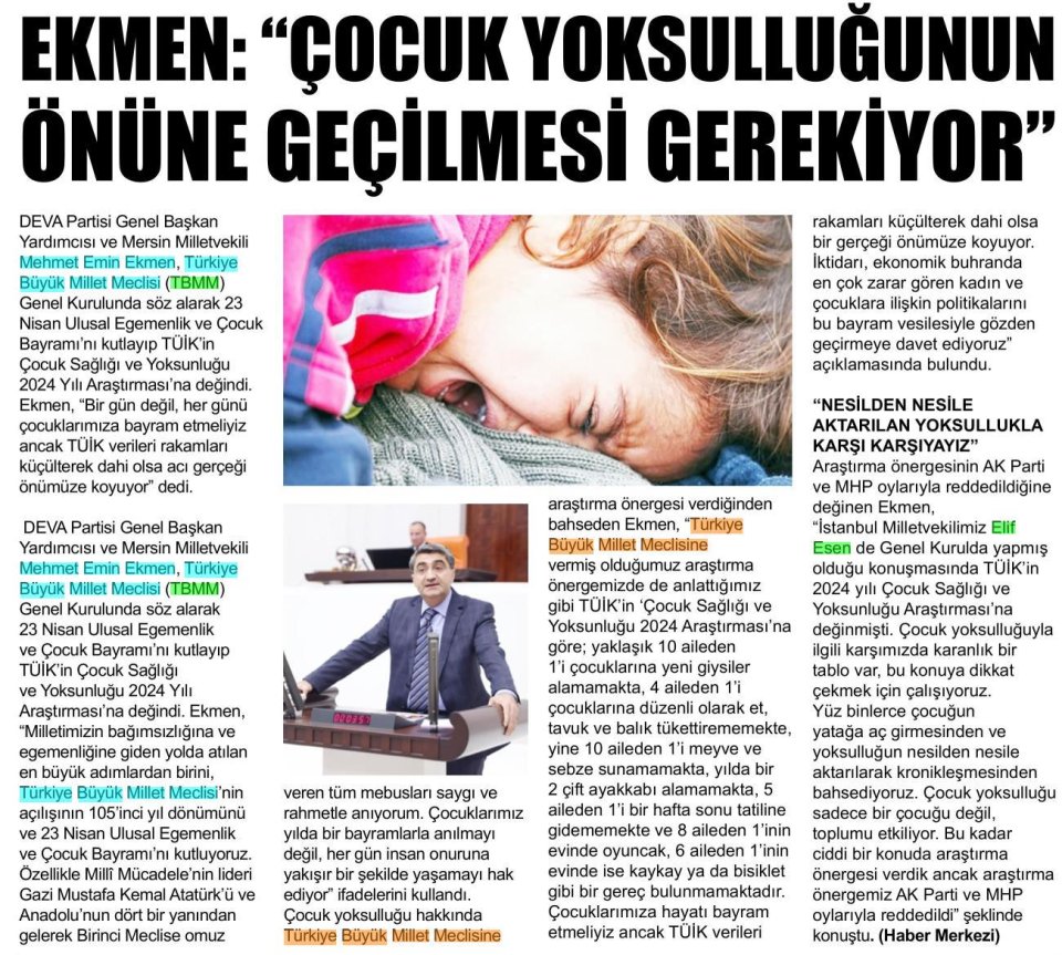 EKMEN: ÇOCUK YOKSULLUĞUNUN ÖNÜNE GEÇİLMESİ GEREKİYOR