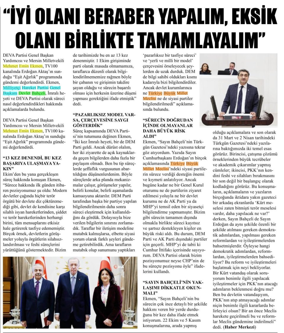 EKMEN, ÇÖZÜM SURECİ İÇİN KONUŞTU