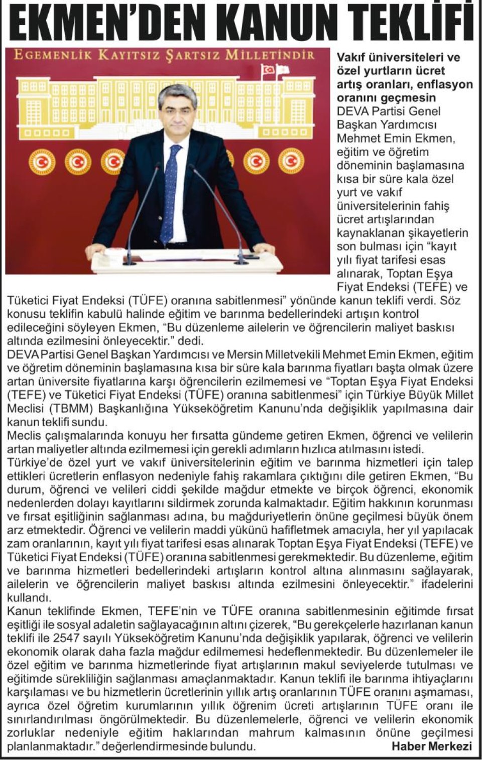 EKMEN' DEN KANUN TEKLİFİ