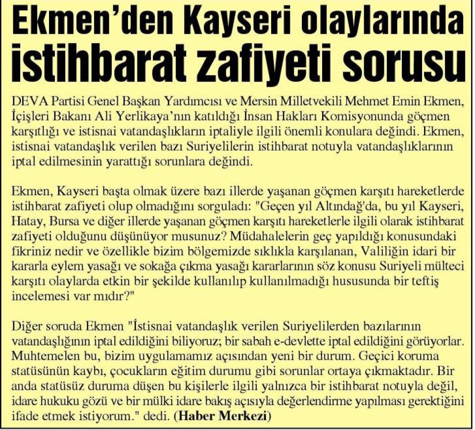 EKMEN DEN KAYSERİ OLAYLARINDA İSTİHBARAT ZAFİYETİ SORUSU