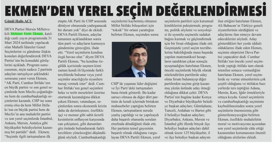  EKMEN'DEN YEREL SEÇİM DEĞERLENDİRMESİ