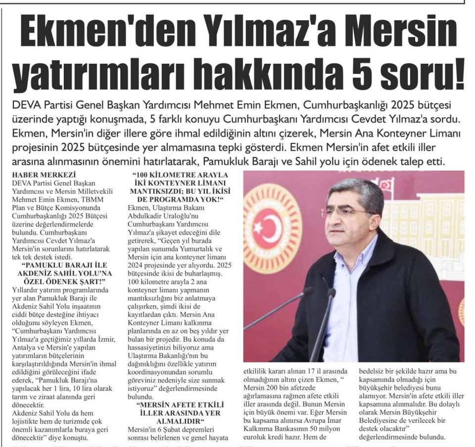 EKMEN' DEN YILMAZ' A MERSİN YATIRIMLARI HAKKINDA 5 SORU!