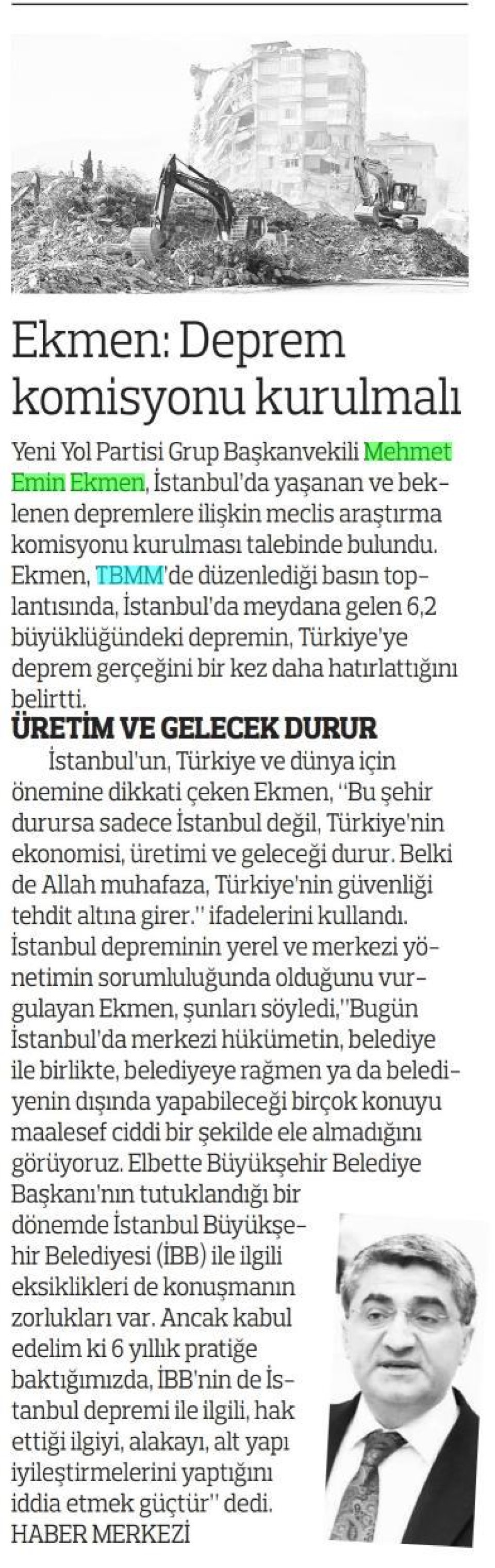 EKMEN: DEPREM KOMİSYONU KURULMALI