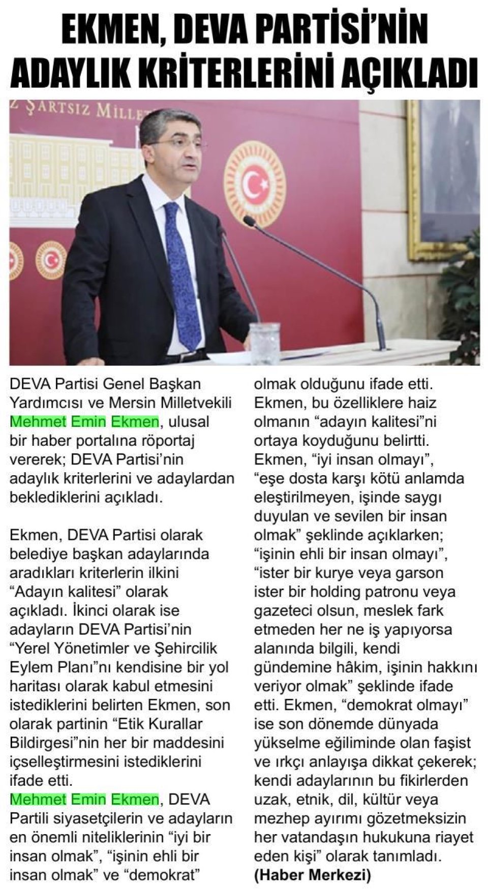 EKMEN, DEVA PARTİSİNİN ADAYLIK KRİTERLERİNİ AÇIKLADI