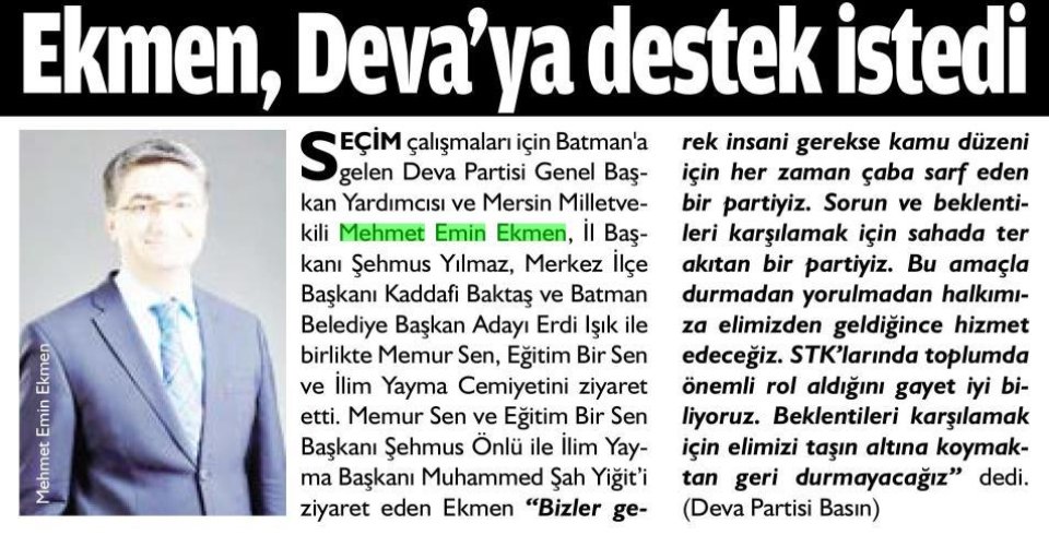 EKMEN, DEVA'YA DESTEK İSTEDİ