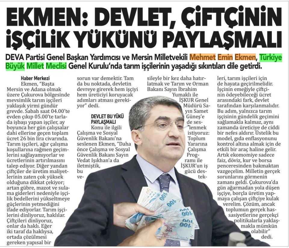 EKMEN: DEVLET, ÇİFTÇİNİN İŞÇİLİK YÜKÜNÜ PAYLAŞMALI