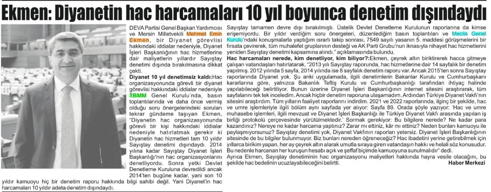EKMEN: DİYANETTİN HAC HARCAMALARI 10 YIL BOYUNCA DENETİM DIŞINDAYDI