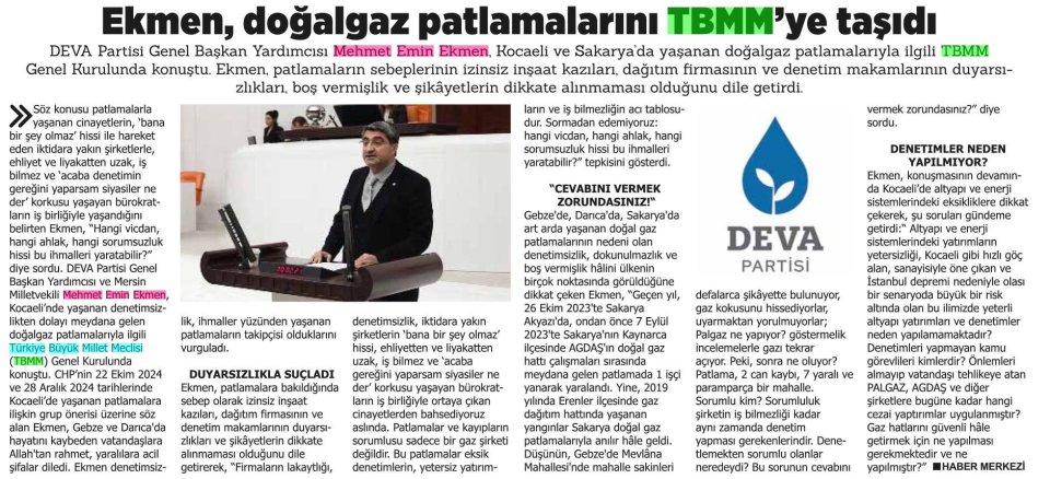  EKMEN, DOĞALGAZ PATLAMALARINI TBMM'YE TAŞIDI