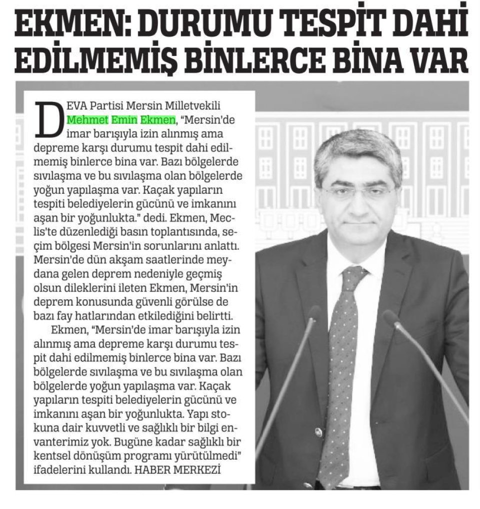 EKMEN: DURUMU TESPİT DAHİ EDİLMEMİŞ BİNLERCE BİNA VAR