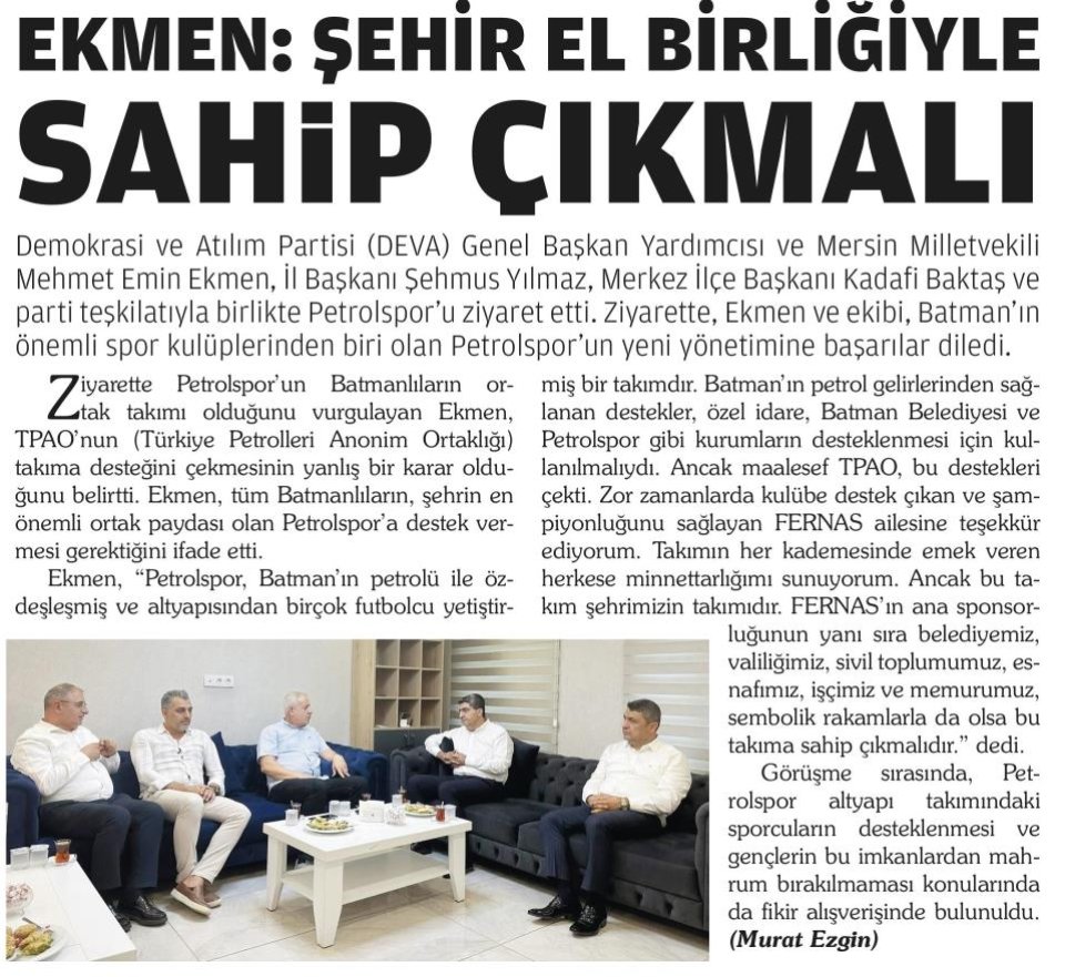 EKMEN: ŞEHİR EL BİRLİĞİYLE SAHİP ÇIKMALI