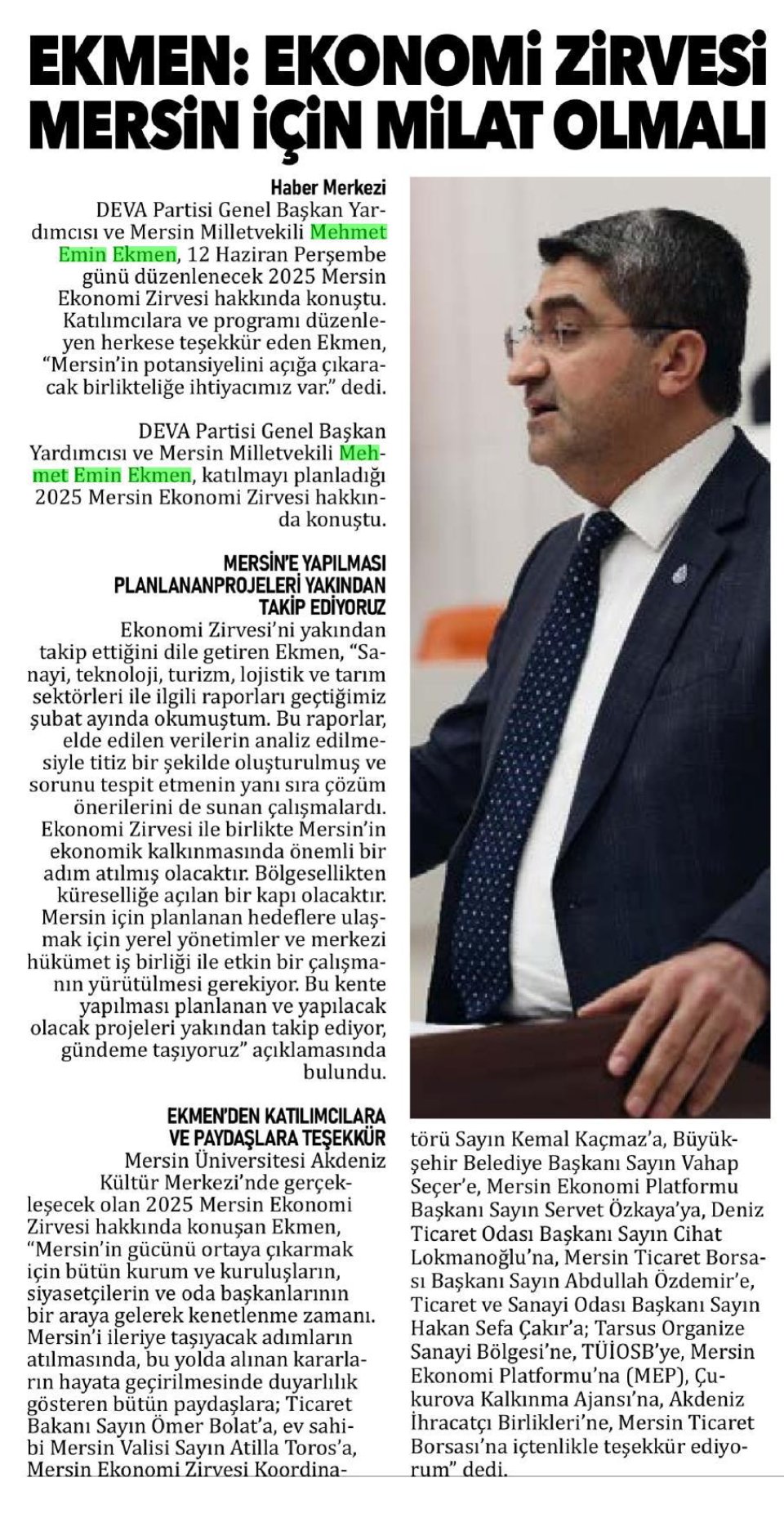 EKMEN: EKONOMİ ZİRVESİ MERSİN İÇİN MİLAT OLMALI