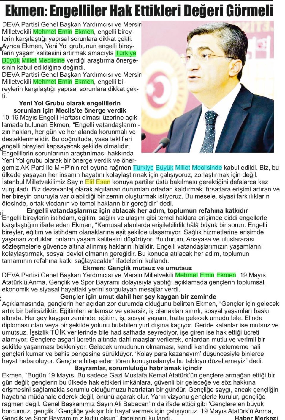 EKMEN: ENGELLİLER HAK ETTİKLERİ DEĞERİ GÖRMELİ