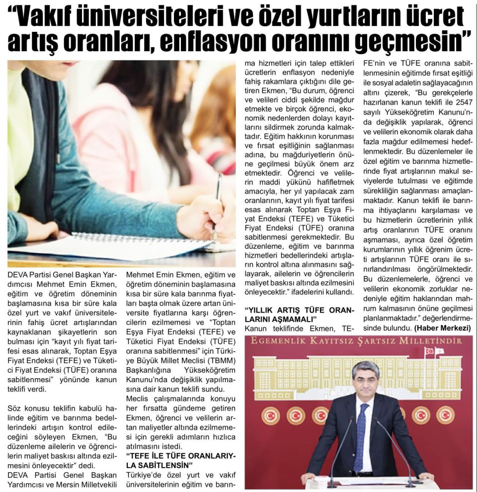 EKMEN, FAHİŞ EĞİTİM FİYATLARINA DİKKAT ÇEKTİ