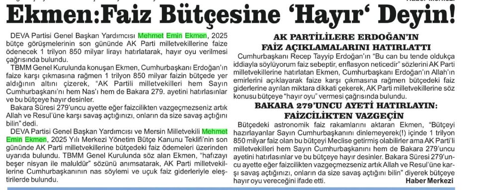 EKMEN: FAİZ BÜTÇESİNE HAYIR DEYİN