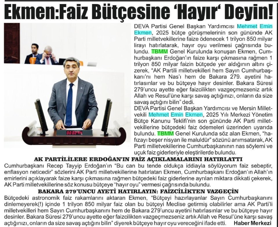 EKMEN FAİZ BÜTÇESİNE HAYIR DEYİN