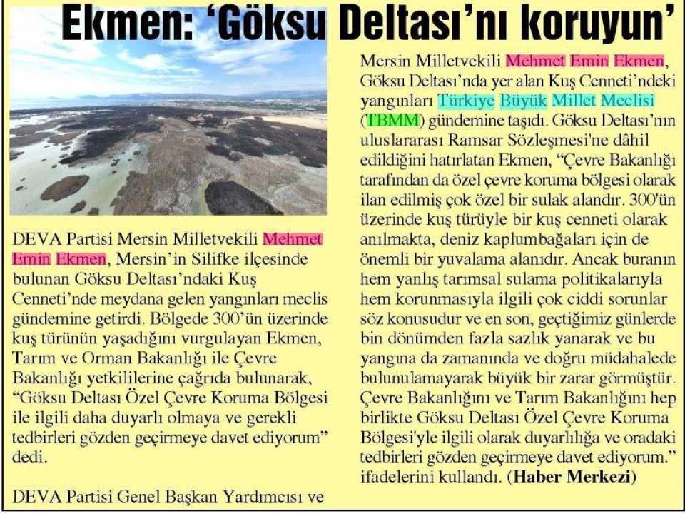 EKMEN: 'GÖKSU DELTASI'NI KORUYUN'