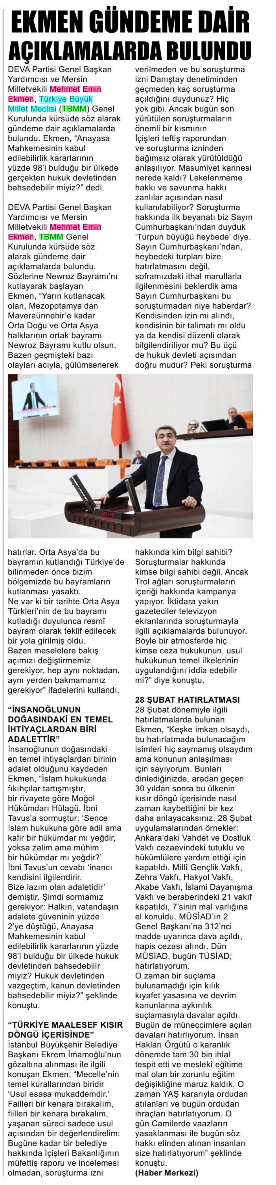EKMEN GÜNDEME DAİR AÇIKLAMALARDA BULUNDU