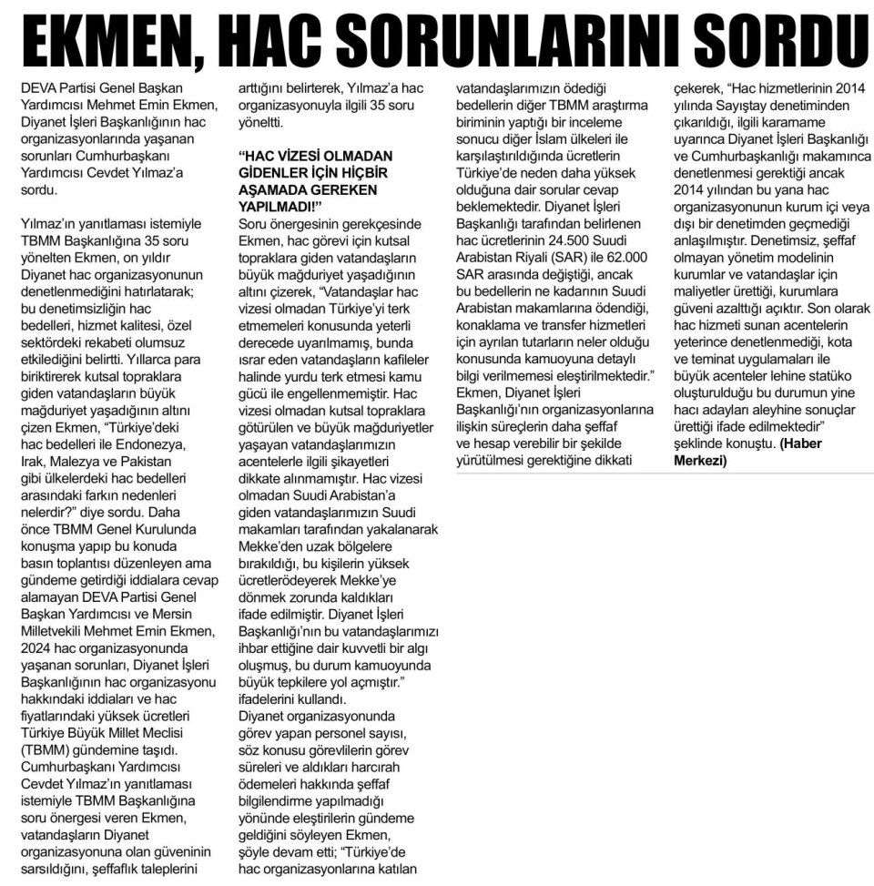 EKMEN, HAC SORUNLARINI SORDU