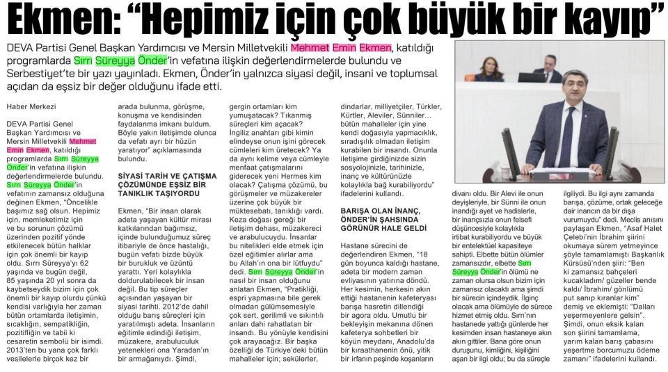 EKMEN: HEPİMİZ İÇİN ÇOK BÜYÜK BİR KAYIP