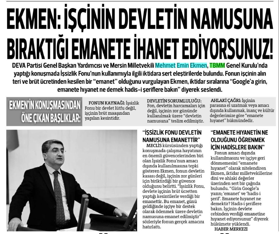 EKMEN: İŞSİZLİK FONU DEVLETİN NAMUSUNA EMANETTİR
