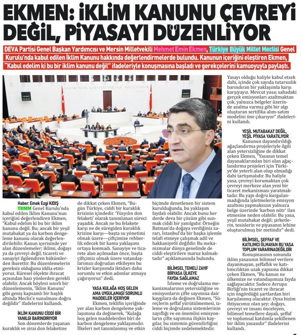 EKMEN: İKLİM KANUNU ÇEVREYİ DEĞİL, PİYASAYI DÜZENLİYOR