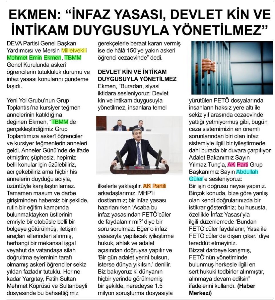 EKMEN : İNFAZ YASASI DEVLET KİN VE İNTİKAM DUYGUSUYLA YÖNETİLMEZ