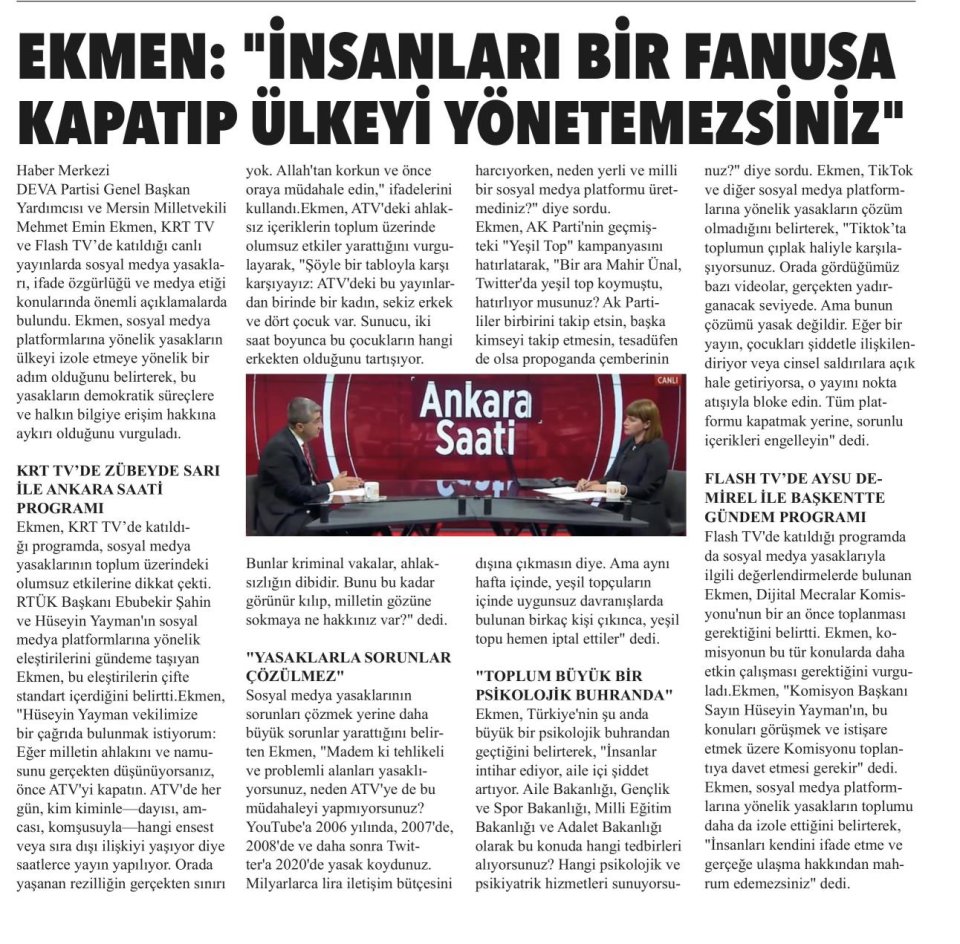 EKMEN: İNSANLARI BİR FANUSA KAPATIP ÜLKEYİ YÖNETEMEZSİNİZ