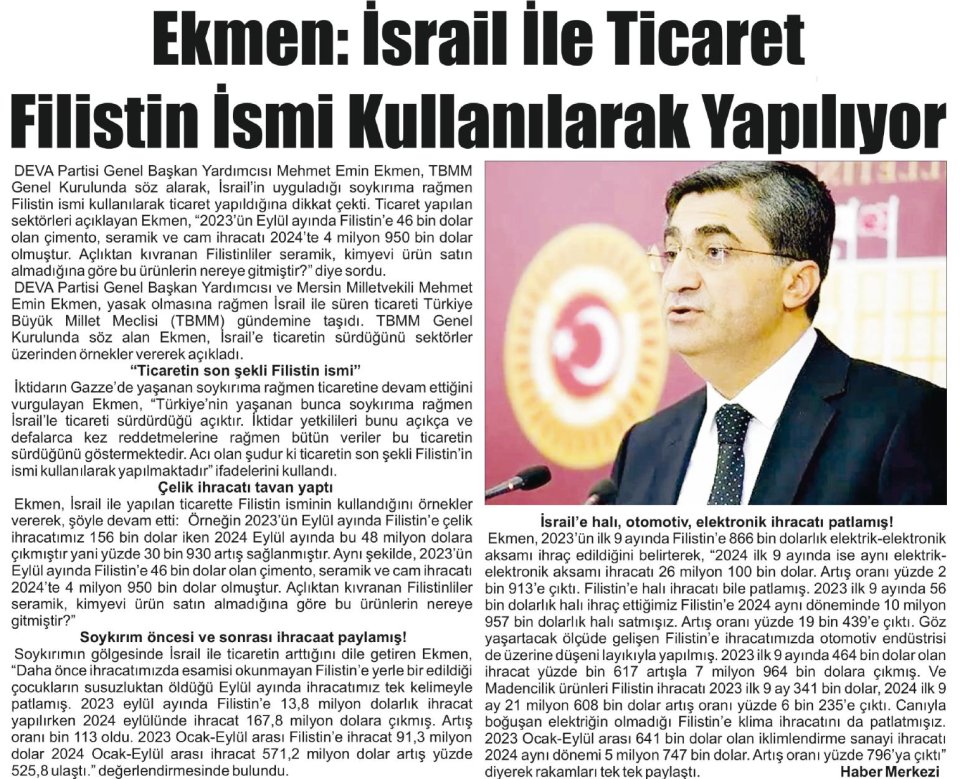 EKMEN: İSRAİL İLE TİCARET FİLİSTİN İSMİ KULLANILARAK YAPILIYOR