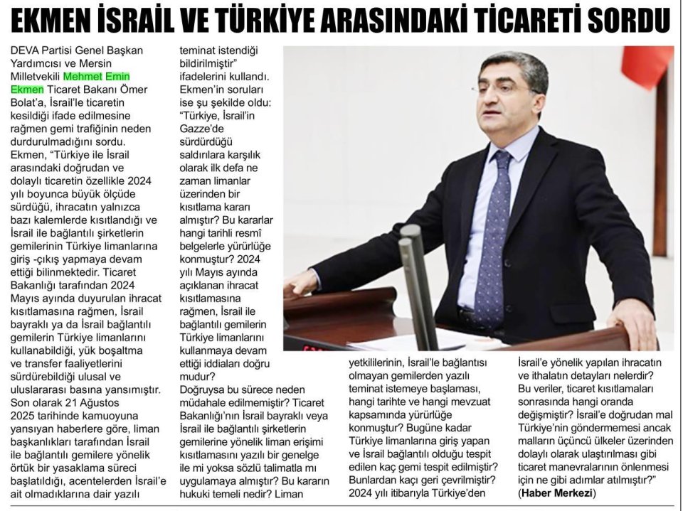 EKMEN İSRAİL VE TÜRKİYE ARASINDAKİ TİCARETİ SORDU