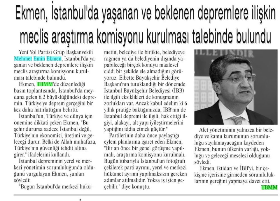 EKMEN, İSTANBUL'DA YAŞANAN VE BEKLENEN DEPREMLERE İLİŞKİN MECLİS ARAŞTIRMA KOMİSYONU KURULMASI TALEBİNDE