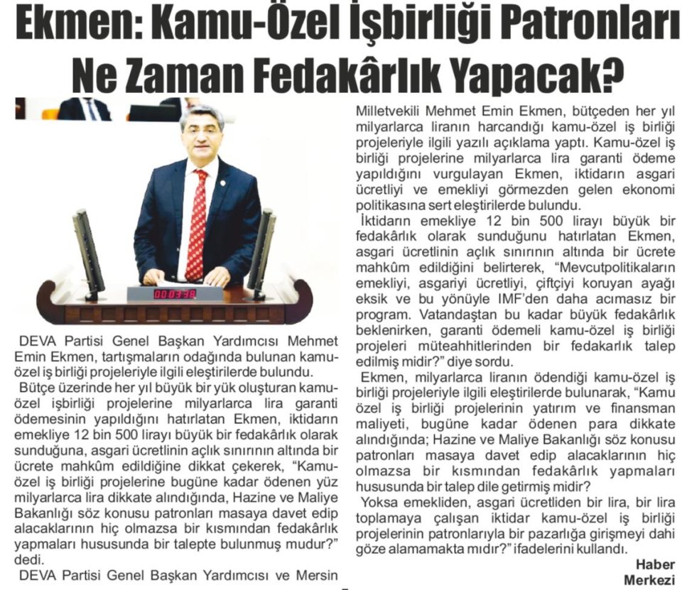 EKMEN: KAMU-ÖZEL İŞBİRLİĞİ PATRONLARI NE ZAMAN FEDAKÂRLIK YAPACAK?
