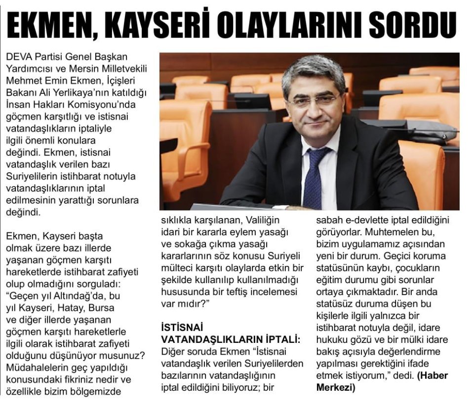EKMEN, KAYSERİ OLAYLARINI SORDU