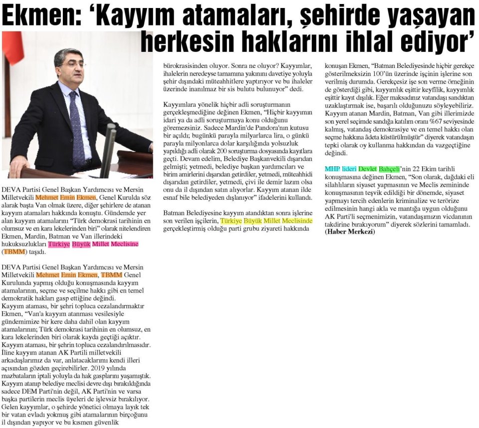 EKMEN : KAYYIM ATAMALARI, ŞEHİRDE YAŞAYAN HERKESİN HAKLARINI İHLAL EDİYOR