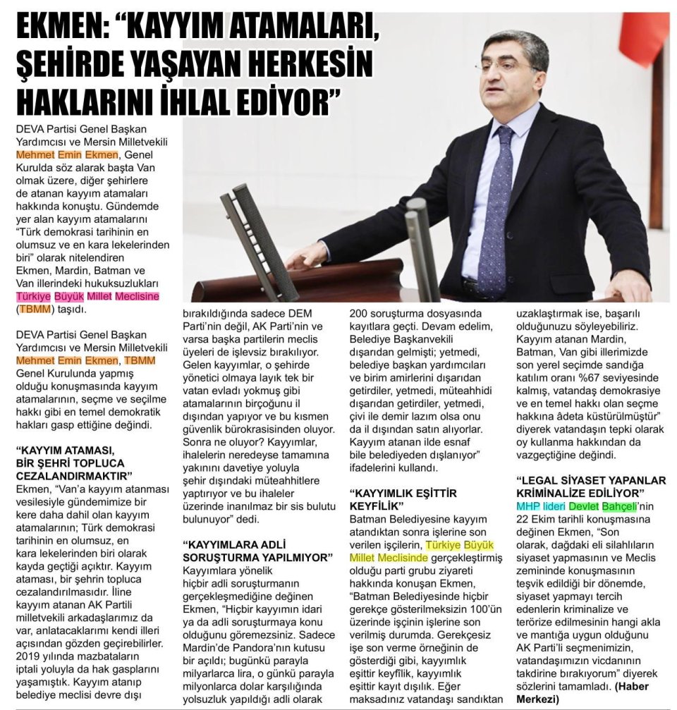 EKMEN : KAYYIM ATAMALARI, ŞEHİRDE YAŞAYAN HERKESİN HAKLARINI İHLAL EDİYOR
