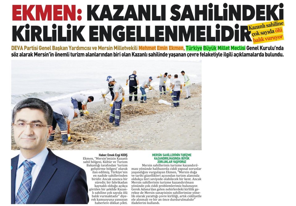 EKMEN: KAZANLI SAHİLİNDEKİ KİRLİLİK ENGELLENMELİDİR
