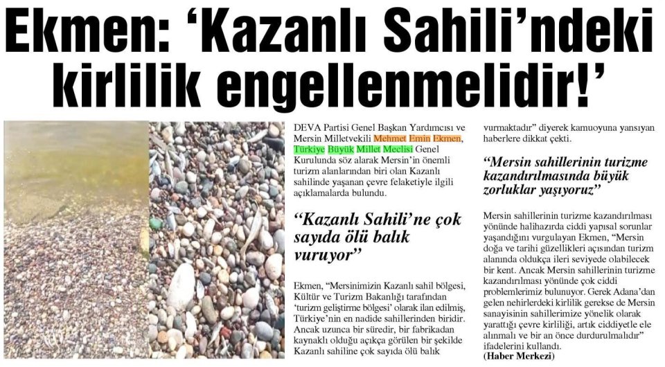EKMEN: KAZANLI SAHİLİNDEKİ KİRLİLİK ENGELLENMELİDİR