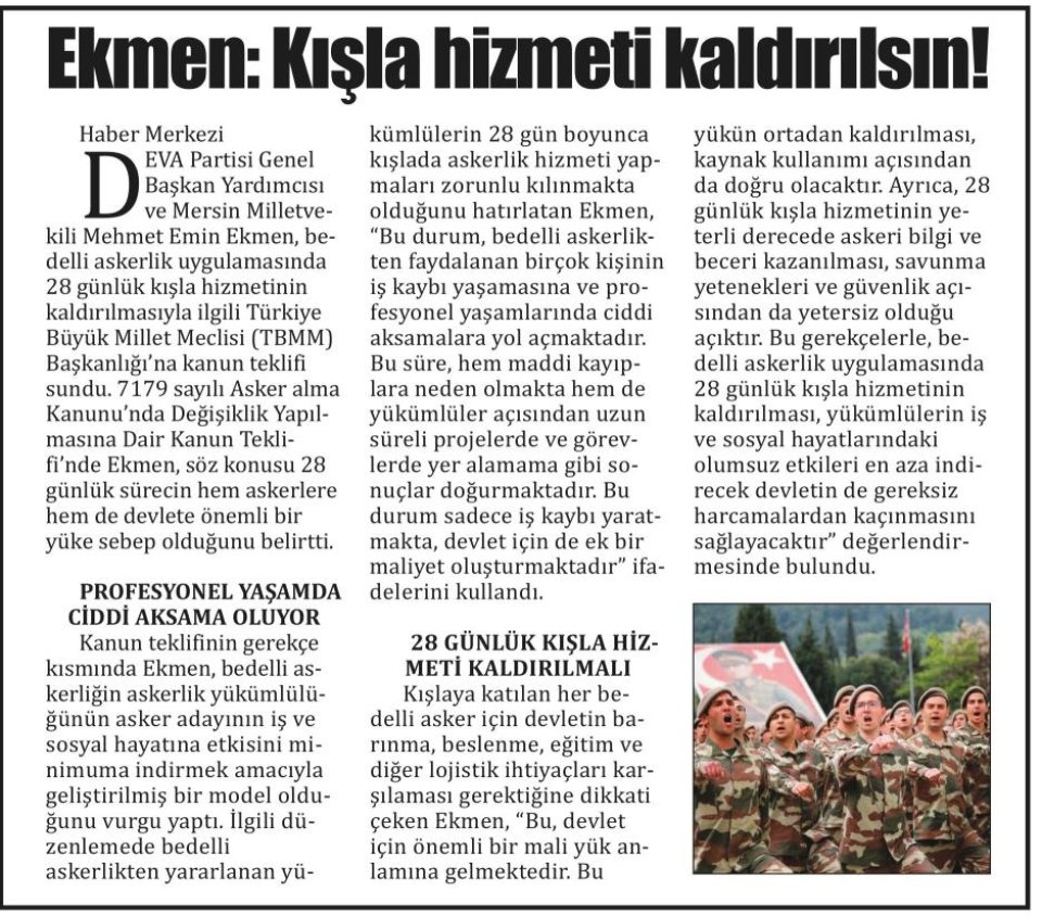 EKMEN : KIŞLA HİZMETİ KALDIRILSIN!