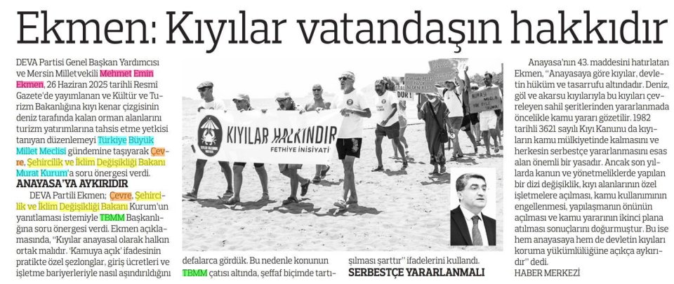EKMEN : KIYILAR VATANDAŞIN HAKKIDIR