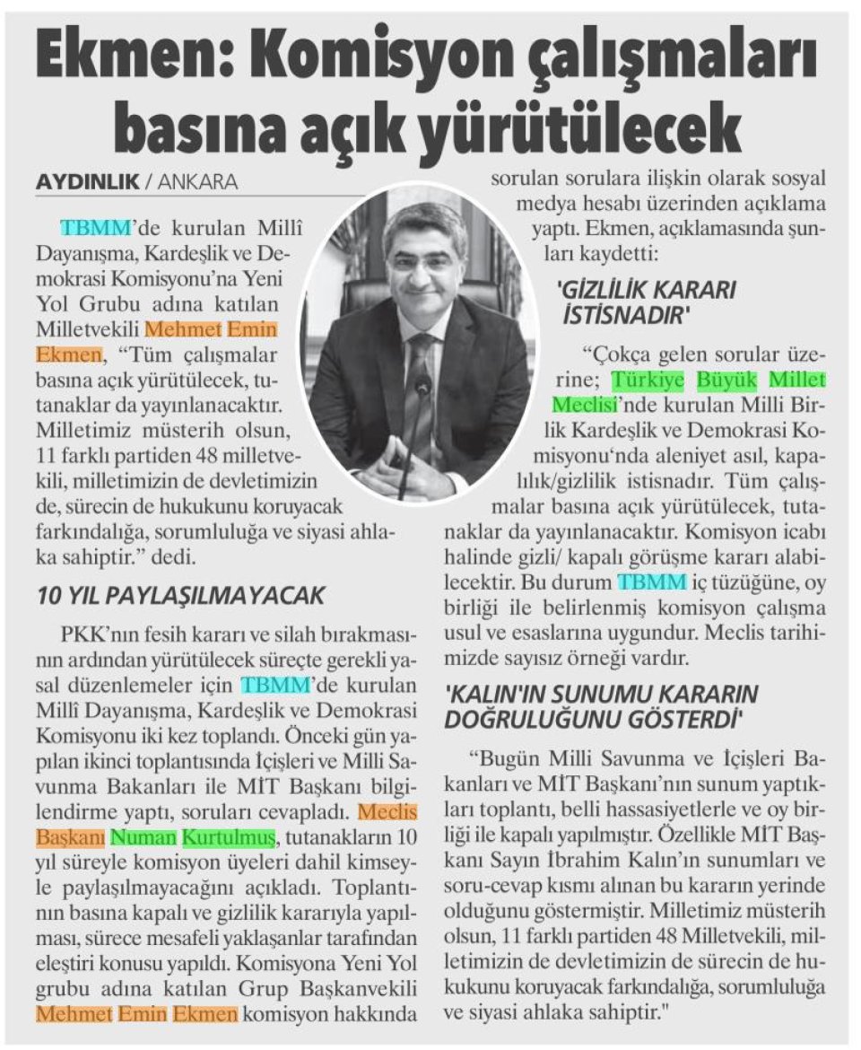 EKMEN: KOMİSYON ÇALIŞMALARI BASINA AÇIK YÜRÜTÜLECEK
