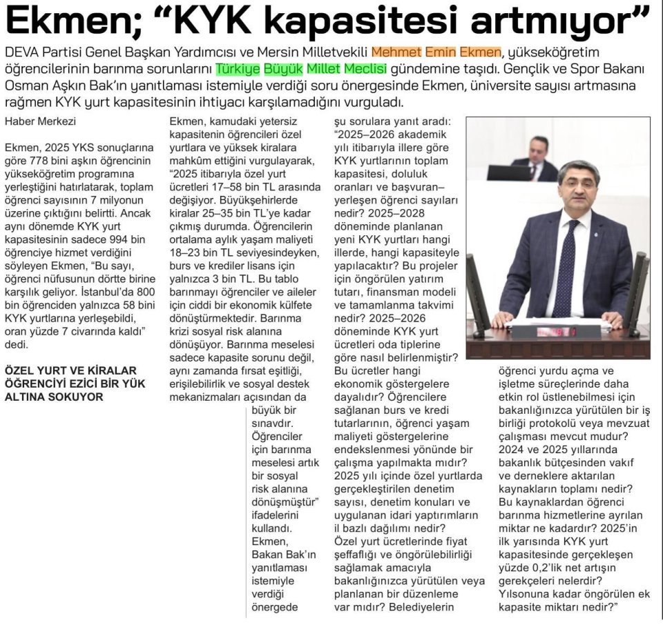  EKMEN; KYK KAPASİTESİ ARTMIYOR