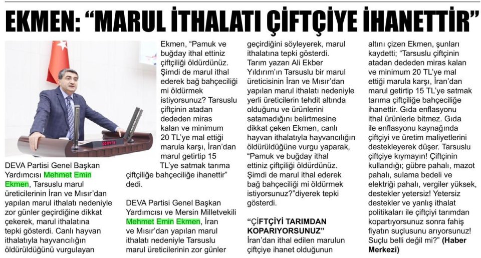 EKMEN MARUL İTHALATI ÇİFTÇİYE İHANETTİR