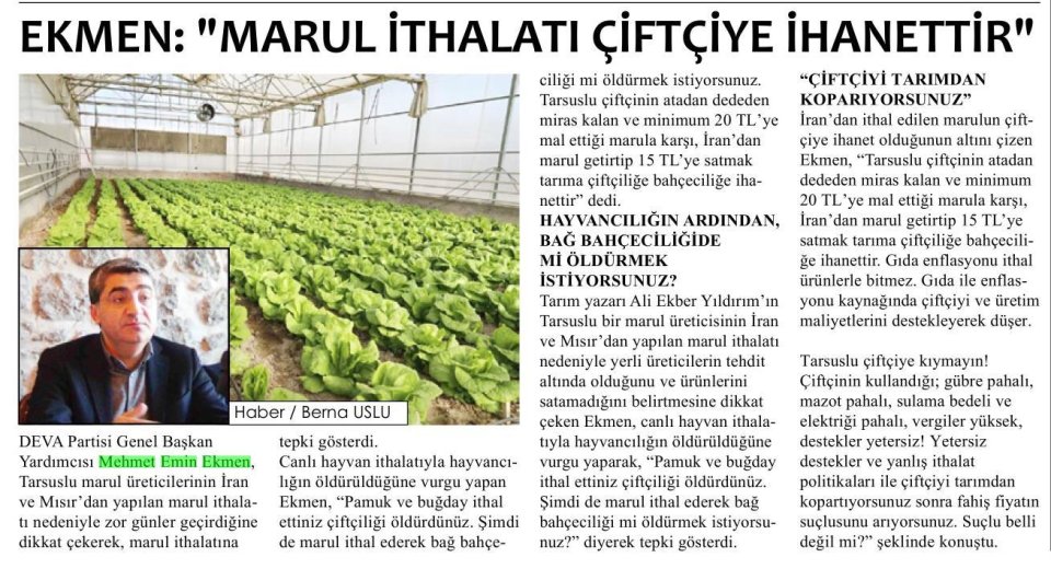 EKMEN MARUL İTHALATI ÇİFTÇİYE İHANETTİR