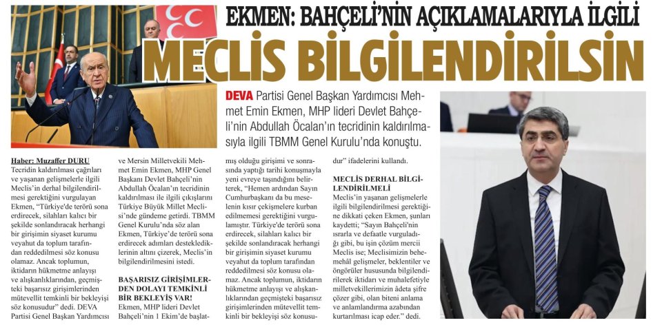 EKMEN: MECLİS BİLGİLENDİRİLSİN